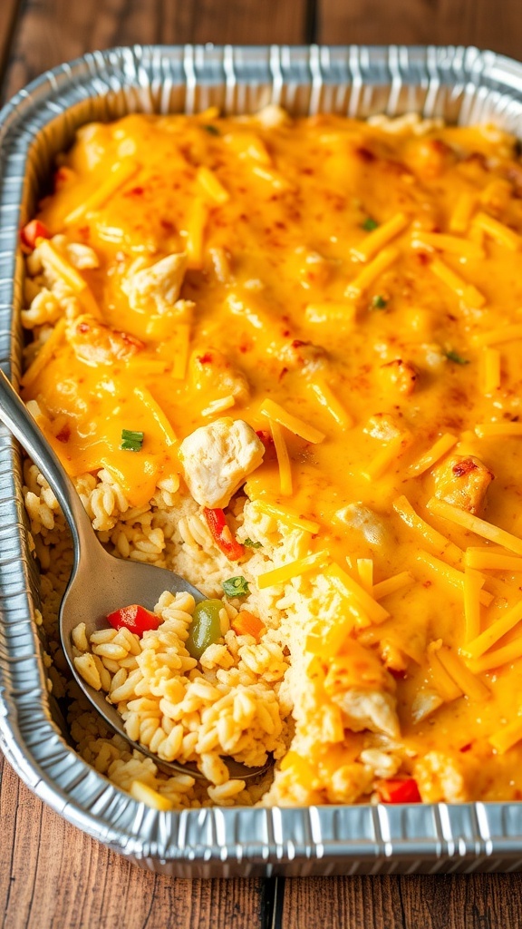 Classic Chicken and Rice Casserole A delicious chicken and rice casserole topped with melted cheese in an aluminum dish, surrounded by a rustic setting.